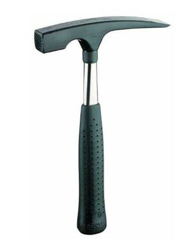 Schwarzer Felshammer mit schlankem, ergonomischem Griff. Das Werkzeug wird für geologische Studien verwendet.