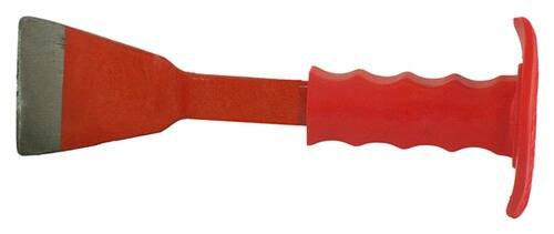 Ein rotgriffiges Werkzeug mit einer flachen, breiten Metallklinge, das üblicherweise zum Glätten oder Verteilen von Materialien verwendet wird und auf weißem Untergrund liegt.