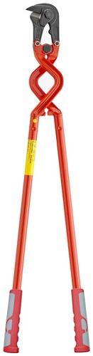 Ein roter Rohrzange mit gelber Beschriftung wird aufrecht vor einem weißen Hintergrund dargestellt.