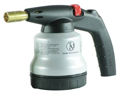 Tragbare Propan-Lötlampe mit schwarzem Griff und rotem Zündknopf, wird für Aufgaben wie Löten, Hartlöten oder Entfernen von Farbe verwendet.