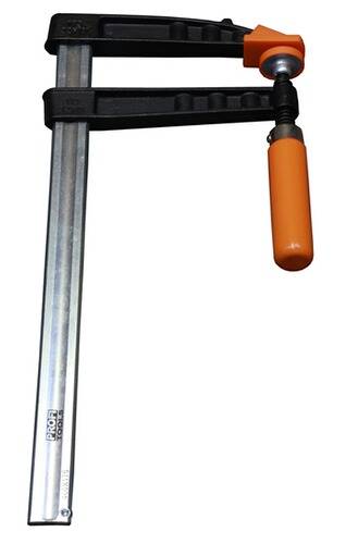 Eine Metallstabzwinge mit orangefarbenem Griff, die zum Befestigen von Materialien zusammen verwendet wird.