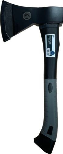 Eine Nahaufnahme eines schwarzen und grauen Werkzeuggriffs mit einem blauen Logo-Aufkleber auf einer Seite, die die Griffstruktur und das ergonomische Design zeigt.