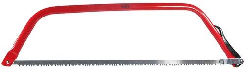 Eine Bogensäge mit rotem Griff und Metallblatt mit scharfen Zähnen, geeignet zum Schneiden von Holz.