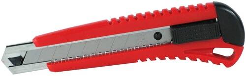 Ein rotes Universalmesser mit einer silbernen ausfahrbaren Klinge, das zum Schneiden von Materialien wie Karton oder Papier entwickelt wurde.