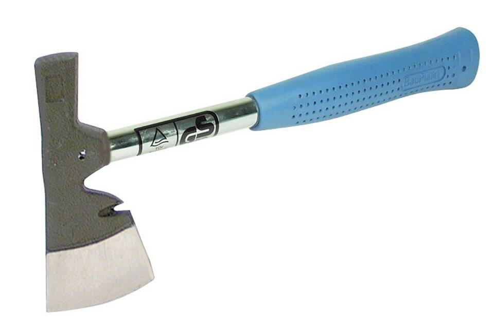 Eine Gartenhacke mit einer silbernen Klinge und einem blauen Gummigriff wird gezeigt. Sie ist zum Graben und Lockern von Boden konzipiert.