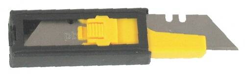 Ein Nahaufnahmebild eines gelb-schwarzen Stahlmaßstabs, teilweise ausgefahren, das den Verriegelungsmechanismus und einen Teil des Metallbands zeigt.