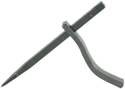 Ein Metallwerkzeug mit einer flachen, gebogenen Klinge und einem langen, geraden Griff, das üblicherweise zum Umgraben von Erde in Gärten verwendet wird.