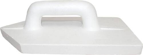 Ein weißer, rechteckiger Bimsstein mit Griff, typischerweise zum Glätten von rauer Haut verwendet.