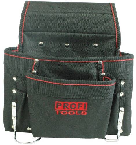 Schwarzer Werkzeuggürtel aus Stoff mit rotem Rand, große Tasche mit der Aufschrift „Profi Tools
