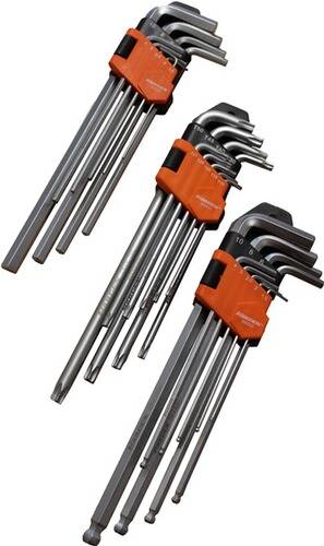 Zwei Sätze Innensechskantschlüssel und Torx-Schraubendreher mit orangefarbenen Haltern, beschriftet mit Größenangaben.