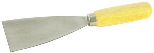 Ein Metallspatel mit einer flachen, abgewinkelten Klinge und gelbem Griff, typischerweise zum Kochen oder Umwenden von Speisen verwendet.