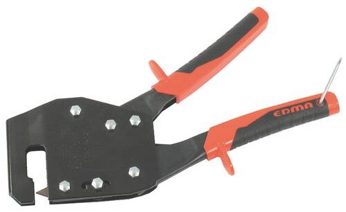 Ein rot und schwarz gefärbter Handnieter mit silbernen Nietstiften, verwendet zum Verbinden von Materialien in Handwerk- oder Bauprojekten.