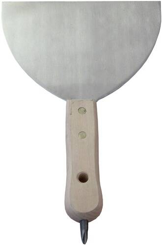 Eine silberne Pizzaschaufel mit einem runden Metallkopf und einem Holzgriff, die zum Einführen und Entnehmen von Pizzas aus dem Ofen verwendet wird.