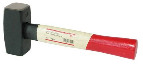 Ein Hammer mit einem Holzgriff, auf dem der Text „Fäustel 1250g
