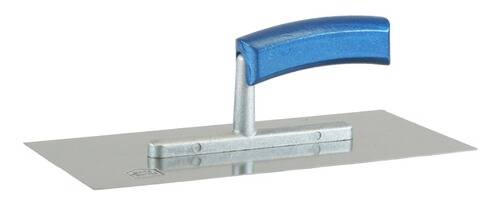Ein Glättwerkzeug mit blauem Griff aus Metall zum Glätten oder Auftragen von Gips auf Oberflächen.