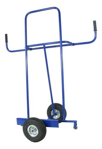 Ein blauer Handwagen mit zwei großen schwarzen Rädern und einer hohen Griffstange. Entwickelt, um schwere Gegenstände leicht zu transportieren.