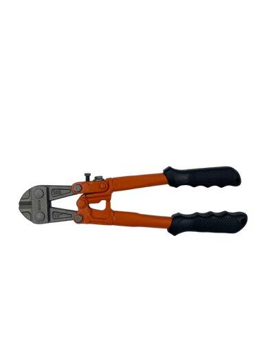 Ein Metallbolzenschneider mit orangefarbenen Griffen und schwarzem Griff, verwendet zum Durchschneiden von Ketten oder Vorhängeschlössern.