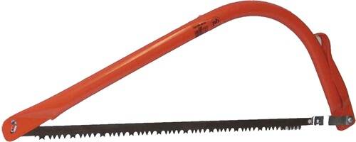 Eine Handsäge mit rotem Griff und gezahnter Metallklinge, die zum Sägen von Holz entwickelt wurde.