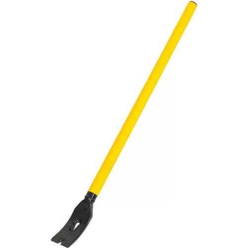 Eine Brechstange mit gelbem Griff und flacher, schwarzer Metallspitze, die zum Entfernen von Nägeln oder zum Auseinandertreiben von Objekten entwickelt wurde.