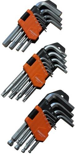 Ein Satz abgewinkelter Innensechskantschlüssel mit orangefarbenen Haltern, zeigt sowohl Torx- als auch metrische Größen.
