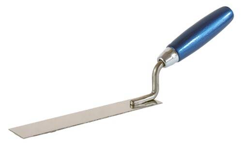 Eine Betonkelle mit blauem Griff und Metallklinge, verwendet zum Glätten und Fertigstellen von Oberflächen.