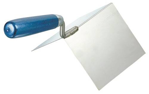 Eine Trockenbau-Eckenkelle mit blauem Griff und silberner Metallklinge zum Glätten und Fertigstellen von Trockenbaukanten.