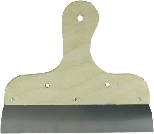 Ein Holzglättungswerkzeug mit einer Metallklinge und einem Loch oben zum Aufhängen, das zum Auftragen oder Glätten von Materialien wie Gips oder Farbe verwendet wird.