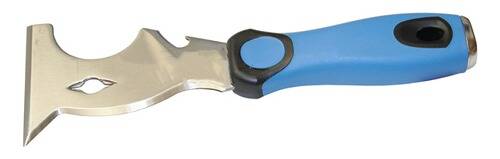 Ein Flaschenöffner mit ergonomischem blauem Griff und metallischem Öffnerkopf, der für einfache Handhabung und Verwendung konzipiert ist.