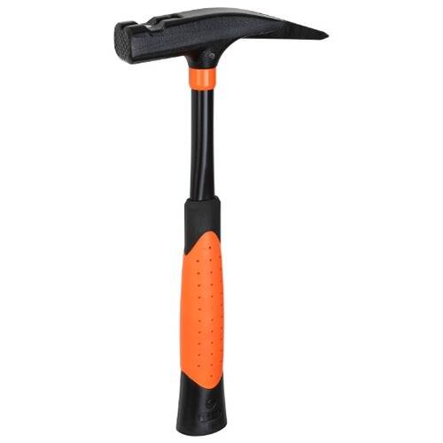 Ein schwarz-orangener Hammer mit strukturierter Griffoberfläche, mit einer Klaue auf einer Seite und einem flachen Kopf auf der anderen. Geeignet für allgemeine Zimmermannsarbeiten.