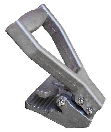 Ein Handpresswerkzeug aus Metall mit Griffgriff und gezahnten Backen, das zum Komprimieren oder Biegen von Materialien entwickelt wurde.