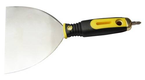 Ein Metall-Spatel mit schwarzgelbem Griff, entwickelt zum Kochen oder Backen.