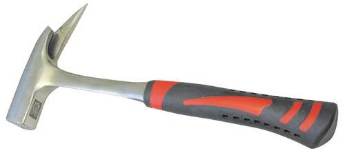 Eine Nahaufnahme einer metallischen Brechstange mit schwarzem und rotem Gummigriff, die zum Hebeln, Brechen und Auseinanderreißen von Objekten verwendet wird.