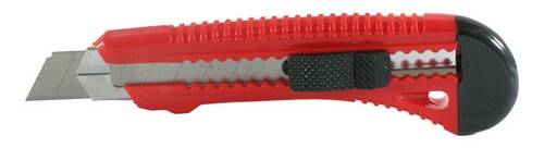 Ein rotes Universalmesser mit teilweise ausgefahrener Klinge, versehen mit einem schwarzen Griff am Griff.