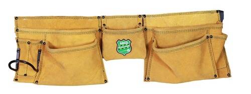 Ein beiger Werkzeuggürtel mit mehreren Taschen, mit einem grünen Etikett in der Mitte und dem Text „ABCO Quality Tools