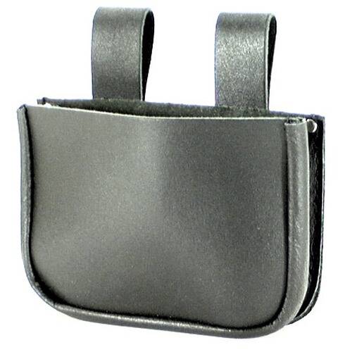 Ein schwarzes Ledertäschchen mit zwei Schlaufen zur Befestigung am Gürtel, mit glatter, minimalistischer Gestaltung. Geeignet zum Transportieren kleinerer Gegenstände.