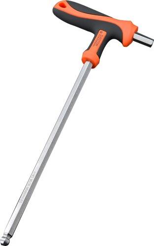 Ein langer Schärfstab mit einem orange-schwarzen Griff, entwickelt zum Abziehen von Küchenmessern.