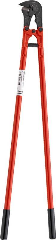 Ein Paar lange, rote Bolzenschneider mit schwarzen Griffen an den Griffen, verwendet zum Schneiden von Ketten oder Metallstangen.