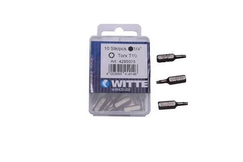 Witte 10-teiliges Torx T10 Schraubendreher-Bit-Set mit gekennzeichneter Verpackung, zeigt drei Bits neben der Schachtel.