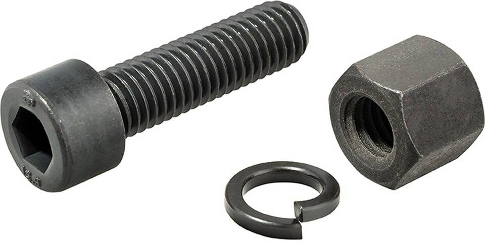 Ein Metallsechskantbolzen mit passender Mutter und einer Unterlegscheibe, verwendet zum Befestigen und Zusammenbau in Bau- oder Mechanikprojekten.