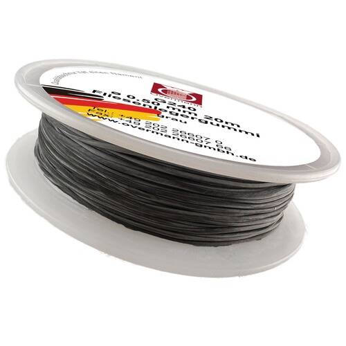 Eine Spule schwarzes Elastikband, gekennzeichnet mit „0,65mm 20m Elastic Gummi