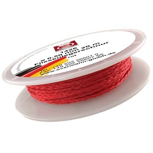 # Eine rote Spule mit 0,50 mm Durchmesser Angelschnur, 20 Meter lang, beschriftet mit Kontaktinformationen eines deutschen Unternehmens.