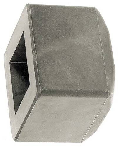 Ein großer, metallischer sechskantiger Bolzen aus einem Winkel betrachtet, der die Sechskantform deutlich zeigt.