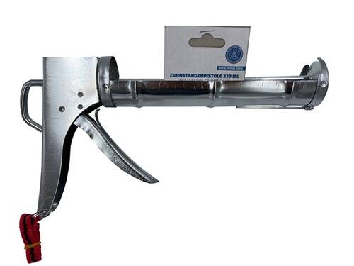 Eine Metallkitt-Pistole mit Chromfinish, einsatzbereit. Griff und Abzug sind sichtbar und wurden zum Auftragen von Dichtungsmittel entwickelt.