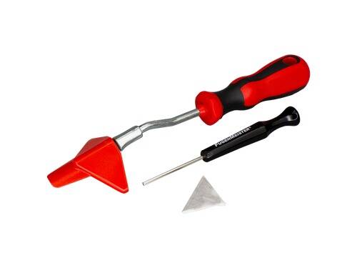 Rotes Magnetführungs- und schwarzes Griffwerkzeugsatz zum Messerschärfen. Beinhaltet dreieckigen Schärfer und feines Spitzwerkzeug zum Abziehen.
