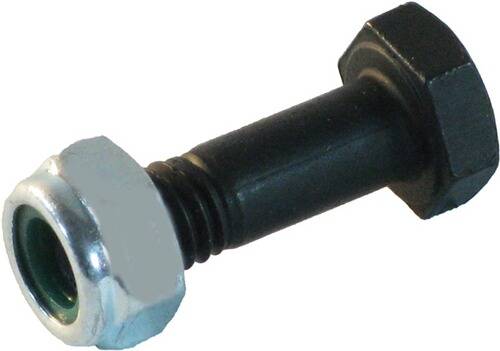 Ein Nahaufnahmebild eines einzelnen Sechskantbolzens und einer Mutter, die ihre Verbindung mit metallischem Finish zeigen. Der Bolzen ist schwarz und die Mutter ist silberfarben.