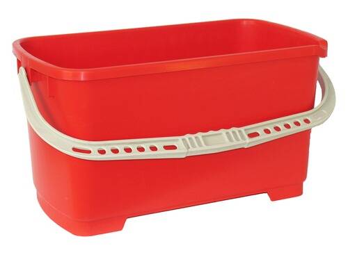 Ein roter rechteckiger Kunststoffeimer mit weißem Griff, entworfen zum Transportieren und Lagern.
