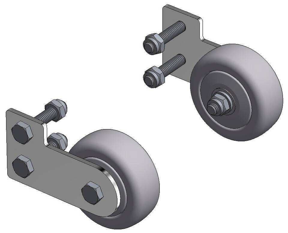 Dual-Lenkrollen-Radassembly mit Bolzen und Halterungen, zeigt Komponenten zum Befestigen von Rädern auf einer ebenen Fläche.