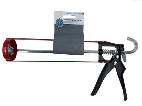 Eine Dichtmassepistole mit Metallrahmen und schwarzem Griff, mit einer Beschriftung, die anzeigt, dass sie 