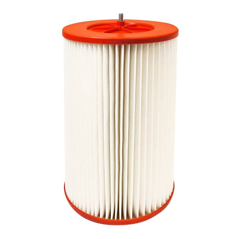 Ein zylindrischer Luftfilter mit weißen Falten und orangefarbenem Ober- und Unterteil, konzipiert für die Verwendung in Kraftfahrzeugen.