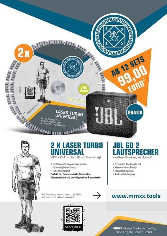 Aktionspromo mit zwei 350-mm-Laser-Turbo-Blättern und einem kostenlosen JBL GO 2-Lautsprecher. Preis: 99,00 Euro für 12 Sätze. Enthält Produktmerkmale.